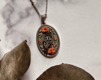 Raven Pendant Necklace | Gold | Handmade Polymer Clay
