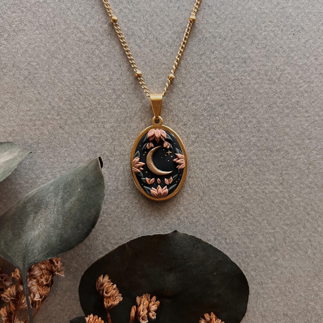 Floral Moon Pendant Necklace | Handmade Polymer Clay - Etsy