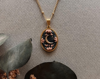 Floral Moon Pendant Necklace | Handmade Polymer Clay