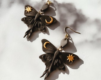 Black Moth Earrings | Sun and Moon | Handmade Polymer Clay Earrings | Nickel Free hypoallergenic