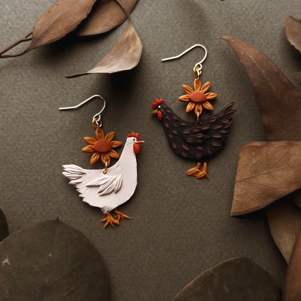 Boucles d'oreilles poulet | Boucles d'oreilles faites main en pâte polymère | Sans nickel Hypoallergénique