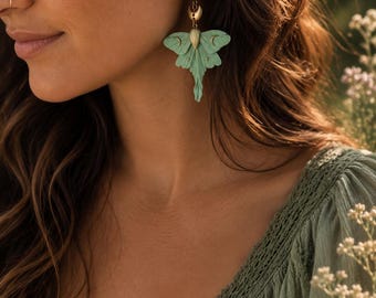 Moth Earrings | Luna Moth | 2 sizes | Handmade Polymer Clay Earrings | Nickel Free hypoallergenic