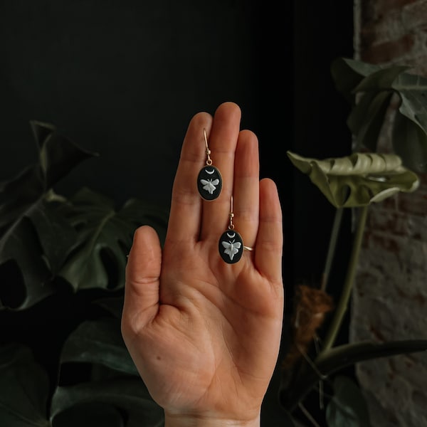 Mini Moth and Moon Bezel Earrings | Gold | Handmade Polymer Clay | Nickel Free hypoallergenic