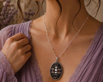 Moon Phase Wildflower Necklace • Handmade Botanical Polymer Clay Pendant • Celestial Floral Jewelry • Nature Inspired Gift for Her