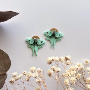 May include: A pair of handmade earrings featuring a luna moth design. The earrings have a light green body with detailed wings and a brown circular accent. The earrings are set against a white background with dried flowers.