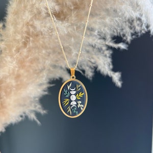 Botanical Moon Phase Pendant Necklace Handmade Polymer Clay Gold image 2