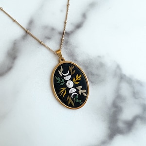 Botanical Moon Phase | Pendant | Necklace | Handmade Polymer Clay | Gold