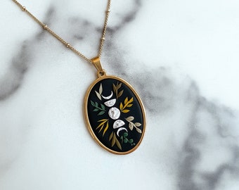 Botanical Moon Phase | Pendant | Necklace | Handmade Polymer Clay | Gold