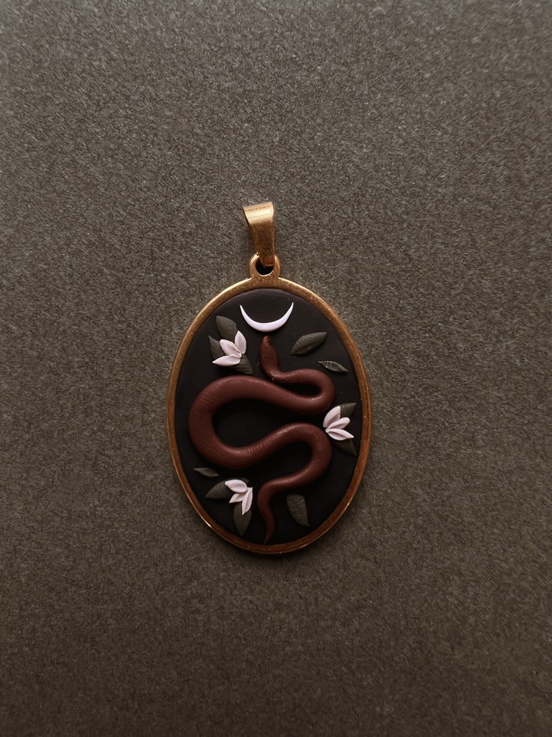 Snake pendant necklace Gold Saturn Chain Handmade Polymer Clay image 2