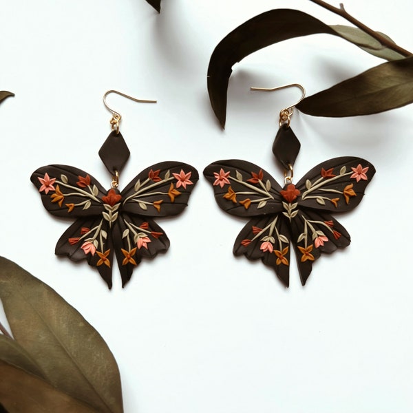 Handmade Butterfly Earrings | Folk Flowers | Nickel Free Hypoallergenic | Polymer Clay Earrings