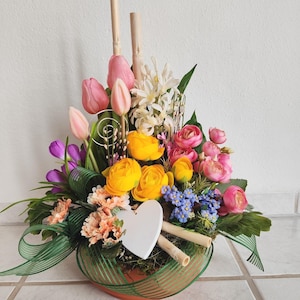 Gesteck Grabgesteck Frühling Ostern Friedhof haltbar Grabschmuck Künstlich Grabschale Gesteck Hauseingang außen ca 43cm x 37xcm Seidenblumen