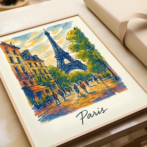 Paris Cityscape Art Print – Eiffel Tower Sketch Style Poster, Colourful Urban French Wall Art