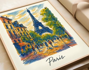 Konsttryck i Paris stadslandskap – Poster i skissstil med Eiffeltornet, färgglad urban fransk väggkonst