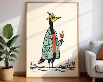 May include: A framed art print featuring a stylized illustration of a bird wearing a yellow hat, green coat, and orange shirt, holding a drink. The bird stands on a shoreline with a drink in hand. The artwork has a minimalist style with black outlines and a cream background.