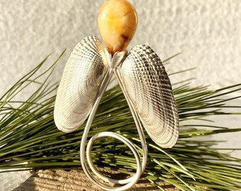 Engel mit Muschelflügeln und Bernstein, 925 Silber