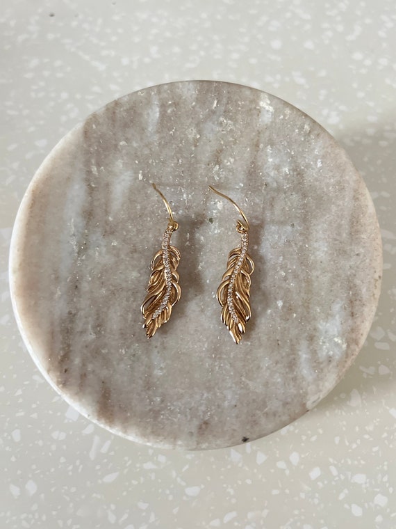 Gold Feather Drop Earring, Diamond Detail