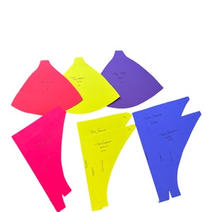 May include: Six paper patterns for sewing a top and back piece of clothing. The patterns are labeled with sizes small, medium, and large. The patterns are in the colors pink, yellow, and blue.