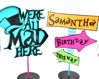 Mad Hatter tea party inspired party centerpieces, Tea party signs,  Alice in wonderland decor inspired party