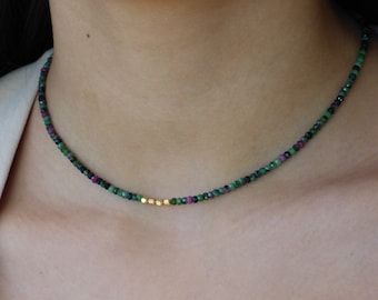 Collar de zoisita de rubí, collar de piedras preciosas, collar de cuentas para mujer, regalo para ella, relleno de oro