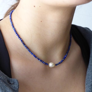 Lapis Lazuli with Freshwater Pearl Necklace, Gemstone Necklace, Gold Filled, Gift for Her