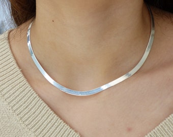 Sterling Silver Herringbone Chain Necklace, Flat Snake Necklace, 925 Sterling Silver