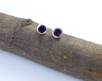 Sterling Silber Amethyst Ohrstecker, lila Edelstein, Ohrstecker, Februar Geburtsstein, 6mm kleine Ohrstecker