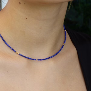 Lapis Lazuli Necklace, Beaded Gemstone Necklace, Lapis Lazuli Jewelry, Gold Necklace