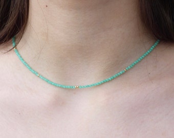 Chrysoprase Necklace, Dainty Gold Gemstone Necklace, Beaded Necklace, Natural Chrysoprase