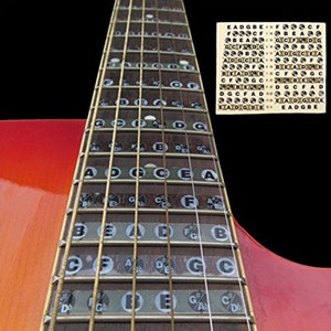 May include: A close-up of a guitar fretboard with black and white stickers showing the notes on each fret. The stickers are labelled with the letters A, B, C, D, E, F, and G.