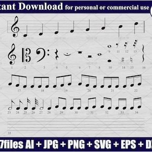 May include: A black and white image of 35 musical notes and symbols. The notes are numbered 1 through 35. The symbols include a treble clef, a bass clef, a time signature, a sharp, a flat, a natural, a rest, and a brace.