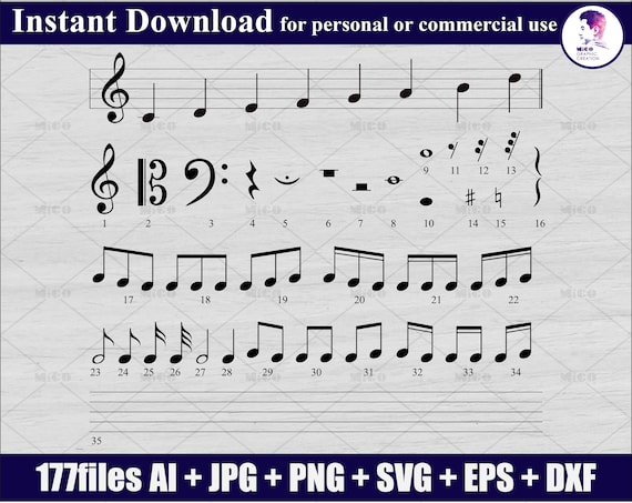 INSTANT DOWNLOAD 177 Digital files Music Notes vector graphic file, ai, svg, eps, dxf, png, Clipart, stencil, decal, cut file,Laser cut, cnc
