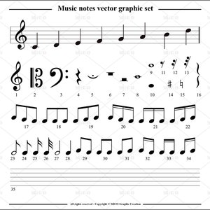 May include: A black and white vector graphic set of musical notes, including treble clef, bass clef, quarter notes, eighth notes, sixteenth notes, and other musical symbols. The set includes 35 individual notes and symbols.