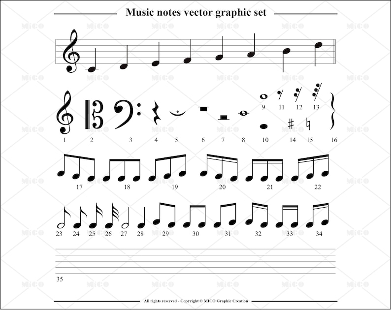 May include: A black and white vector graphic set of musical notes, including treble clef, bass clef, quarter notes, eighth notes, sixteenth notes, and other musical symbols. The set includes 35 individual notes and symbols.