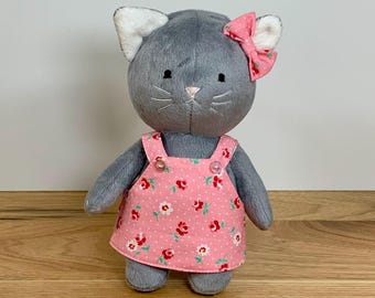 Handmade Minky Cat Plushie, Floral Dress, Stuffed Animal