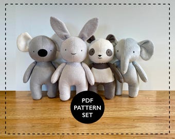 May include: A set of four plush toy patterns for sewing. The patterns include a koala, a bunny, a panda, and an elephant. The patterns are in PDF format and are available for download.  PDF PATTERN SET