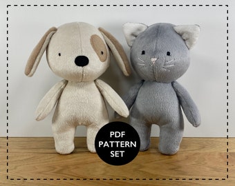 Molde para costura de cachorrinho e gatinho de pelúcia, molde para cachorro de pelúcia, boneca de gatinho - Costure uma dupla de bichinhos de pelúcia fofos para serem seus novos melhores amigos.