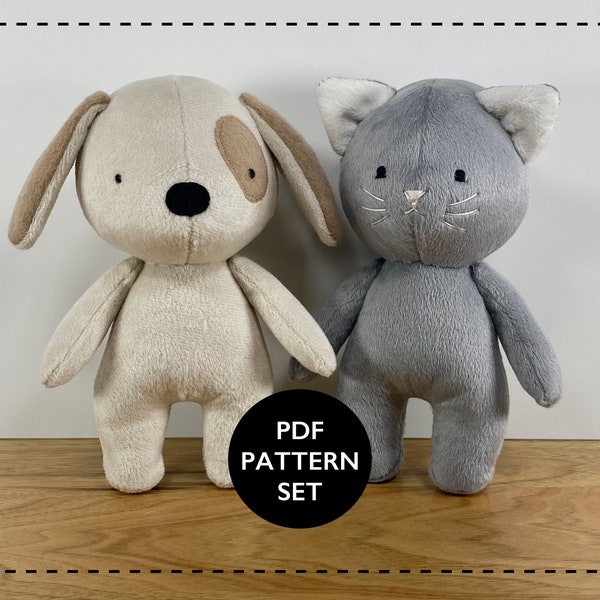 Puppy dog and kitty cat sewing pattern, plush dog pattern, kitty cat doll - Sew a duo of cute pet plushies as your new best friend.