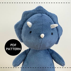 Triceratops plushie, stuffed dinosaur plush sewing pattern, dinosaur doll- Sew a friendly triceratops for a birthday gift!