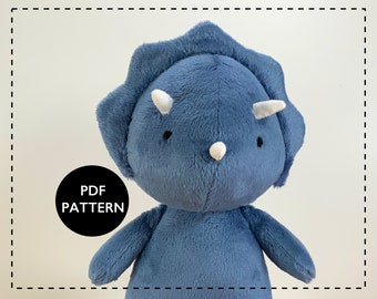 Triceratops plushie, stuffed dinosaur plush sewing pattern, dinosaur doll- Sew a friendly triceratops for a birthday gift!