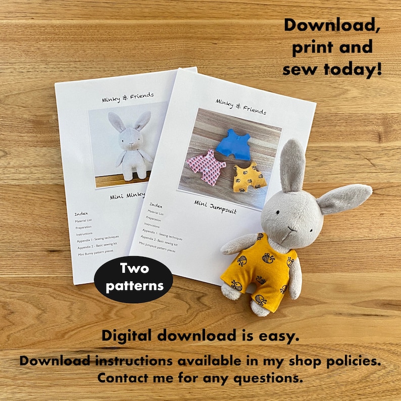 May include: Two digital sewing patterns for a mini bunny and a mini jumpsuit. The patterns are printed on white paper and feature illustrations of the finished products. The text "Download, print and sew today!" is written in black at the top of the image.
