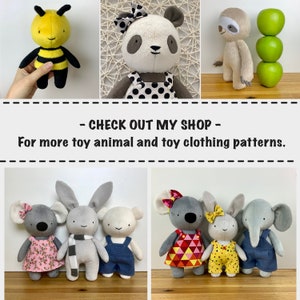 May include: A collection of handmade plush toys, including a bee, panda, sloth, bunny, elephant, and mouse. The toys are all dressed in different outfits, including a polka dot dress, a scarf, overalls, and a yellow dress with polka dots. The toys are all made with soft fabrics and have embroidered details.