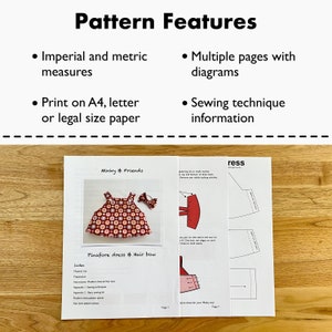 K&ouml;nnte beinhalten: Ein Schnittmuster f&uuml;r ein Sch&uuml;rzenkleid und eine Haarschleife f&uuml;r eine Puppe. Das Schnittmuster umfasst mehrere Seiten mit Diagrammen und N&auml;hanleitungen. Das Schnittmuster ist auf wei&szlig;em Papier mit roten und wei&szlig;en Illustrationen gedruckt.