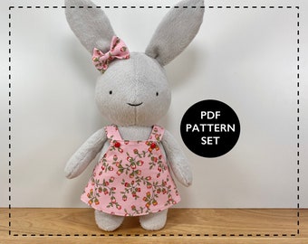 Bunny rabbit sewing pattern, miniature clothing, softie doll pattern- Sew a stuffed bunny and little dress!