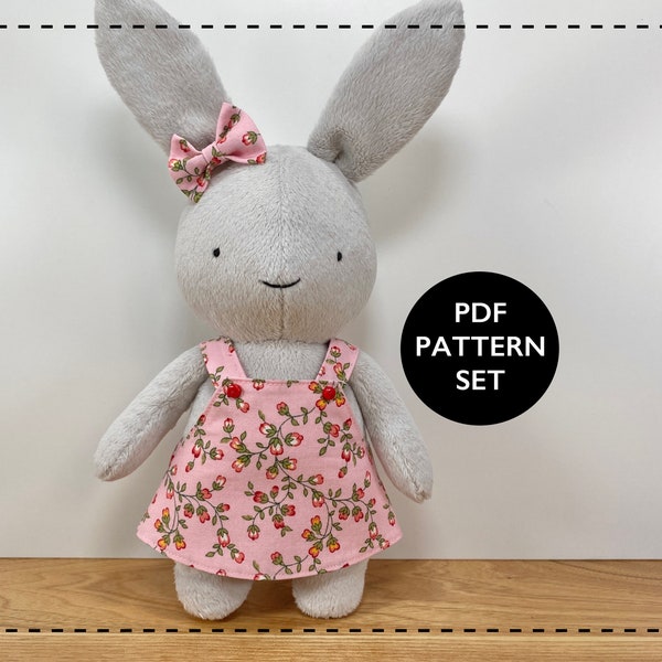 Bunny rabbit sewing pattern, miniature clothing, softie doll pattern- Sew a stuffed bunny and little dress!