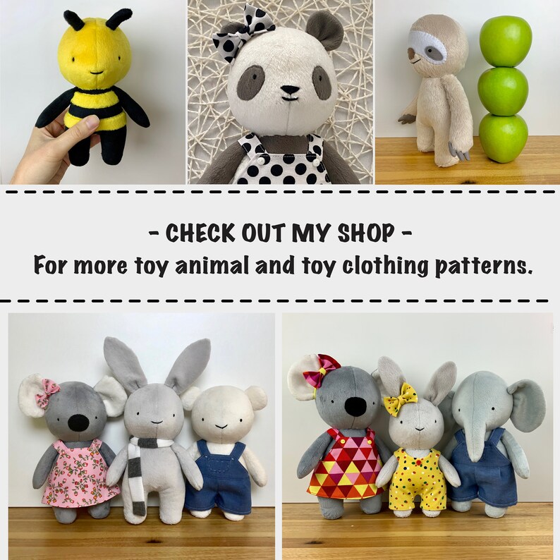 May include: A collection of handmade plush toys, including a bee, panda, sloth, bunny, elephant, and mouse. The toys are all dressed in different outfits, including a polka dot dress, a scarf, overalls, and a yellow dress with polka dots. The toys are all made with soft fabrics and have embroidered details.