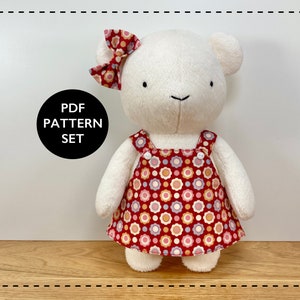 Memory bear pattern, teddy bear sewing pattern pdf, baby doll clothes - Make a cute teddy bear and miniature dress.