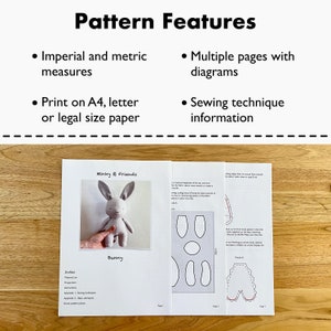 May include: A sewing pattern for a bunny plushie, titled "Minky & Friends Bunny". The pattern includes multiple pages with diagrams and instructions for sewing the bunny. The pattern is printed on white paper and includes both imperial and metric measurements.