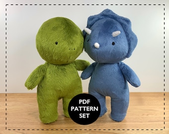 May include: A PDF pattern set for sewing two plush toys: a green dinosaur and a blue triceratops. The pattern set includes instructions for making both toys.