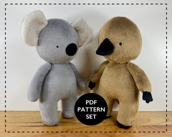 May include: A PDF pattern set for sewing two plush toys: a gray koala and a brown bird. The pattern set includes instructions for making both toys.