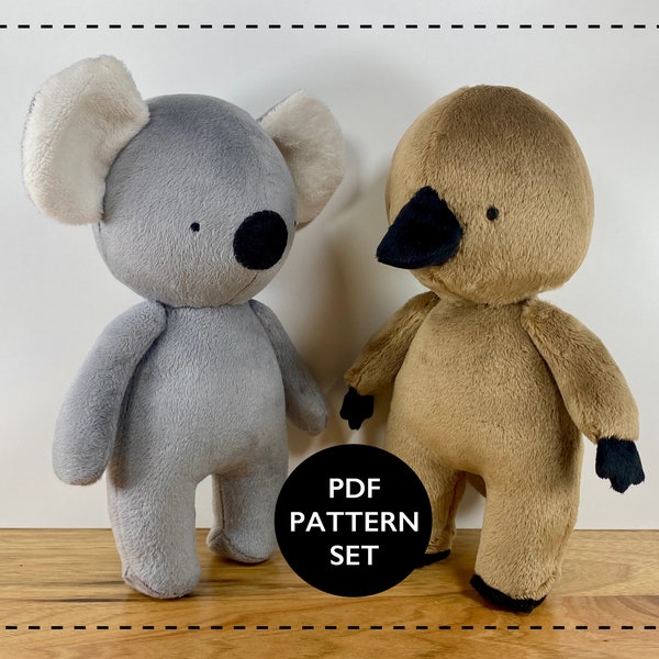 Australian toy stuffed animal set, koala sewing pattern, platypus plush animal pattern - Sew a cute Australian toy.